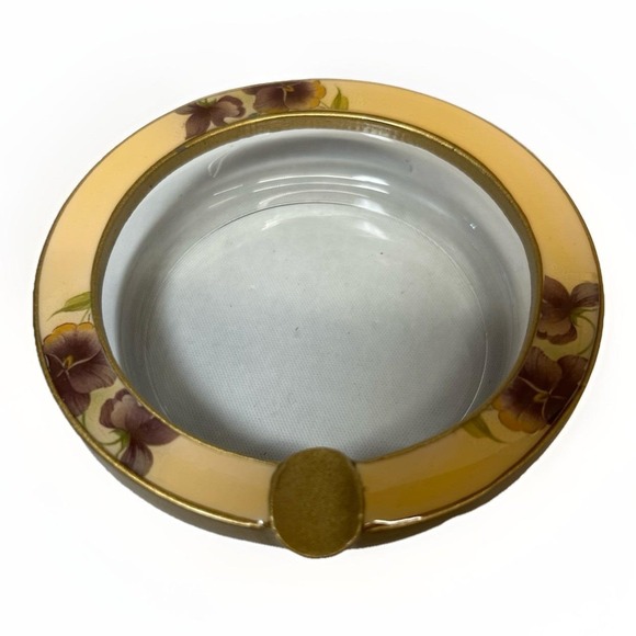 Vintage Art Deco Enameled Brass and Glass Ashtray Yellow w/ Flowers Pansies - Picture 4 of 6